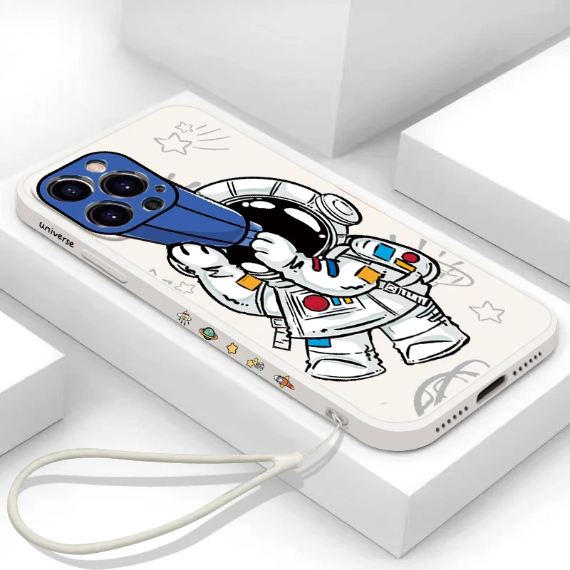 

Cartoon Astronaut Lanyard Phone Case For iPhone 13 Pro Max 12 11 XS Max XR X 8 7 Plus 13 Soft Silicone Camera Protection Cover