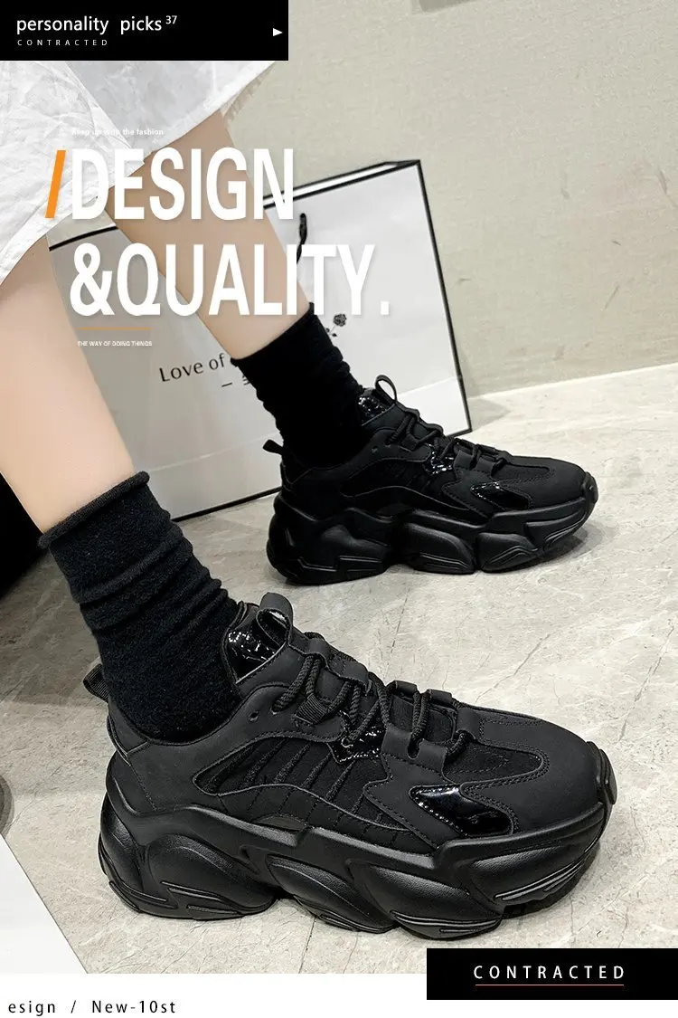 

Black Platform Sneakers Women Shoes Casual Lace Up Thick Sole Shoes Woman Beige Winter Chunky Sneakers Leather Vulcanize Shoes