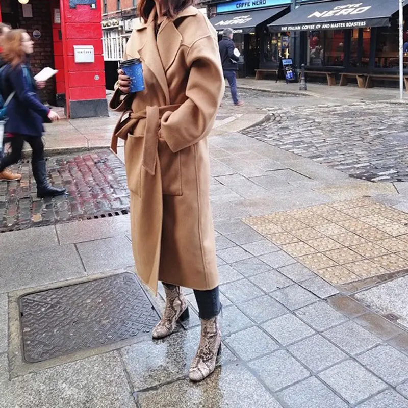 

Classic women woolen coat lace-up fashion wild Keep warm lady long coat