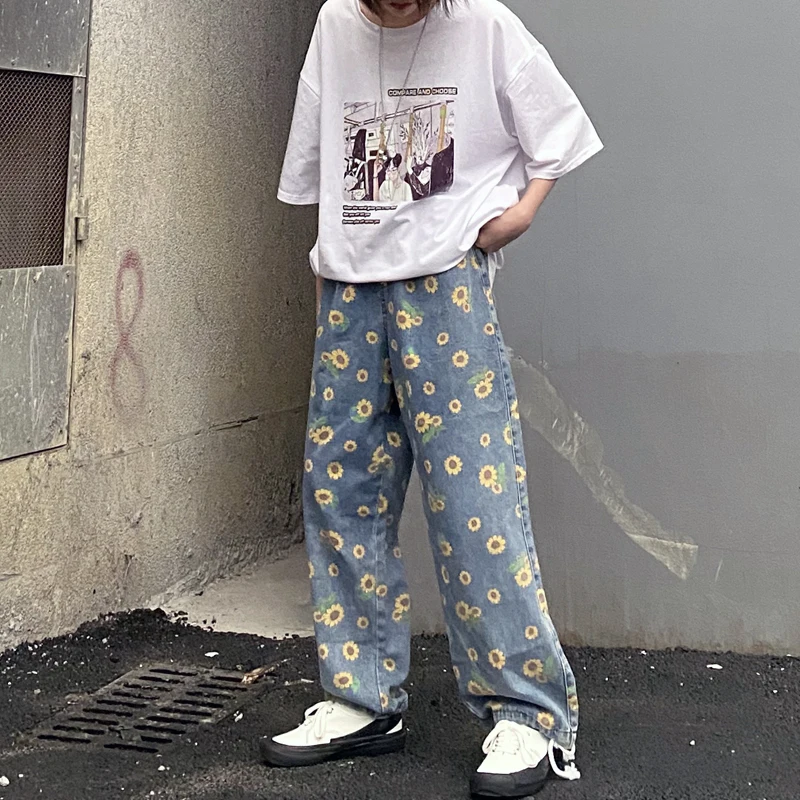 

Harajuku Sunflower Print Jeans Female Vintage Washed Jeans Loose High Waist Straight Pants Fashion Harem Pants Women Man Jeans
