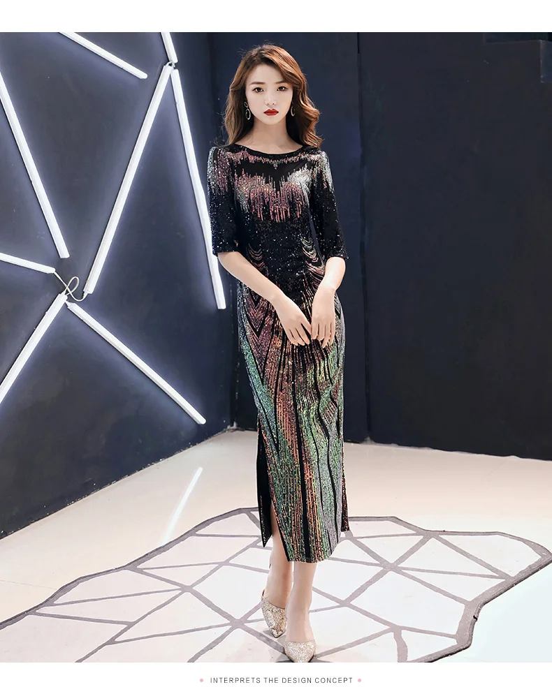 Robe De Soiree Новое Сексуальное вечернее платье с блестками, о-образный вырез, половина рукава, макси платье, вечерние платья для выпускного вечера AE474