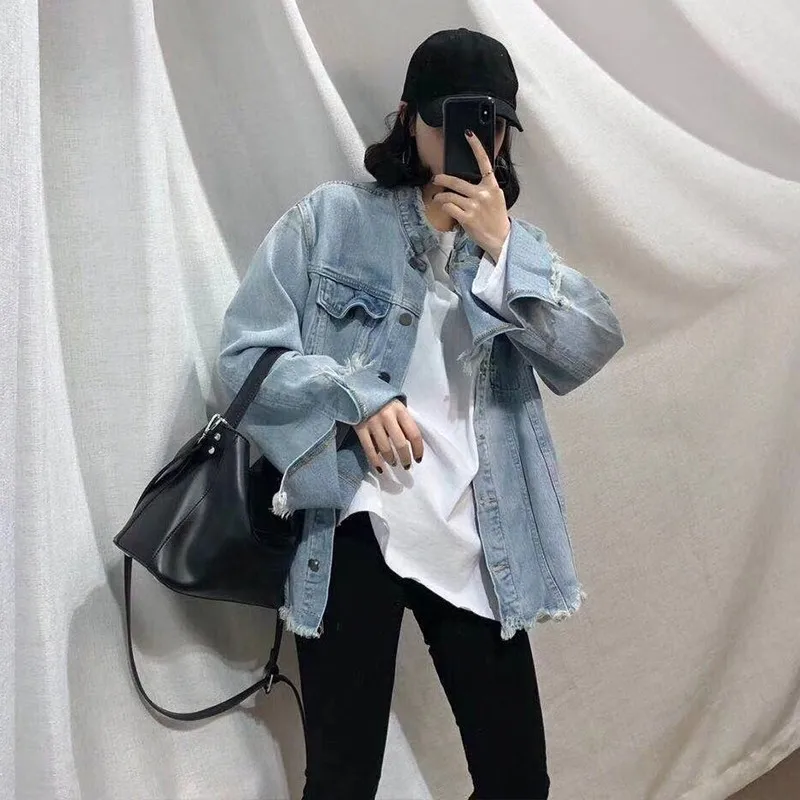 Весенняя Корейская женская джинсовая куртка Harajuka с расклешенными рукавами