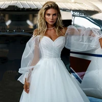 bohemian wedding dresses boho sweetheart pleats a line tulle puff sleeves wedding gown princess bride vestido de noiva
