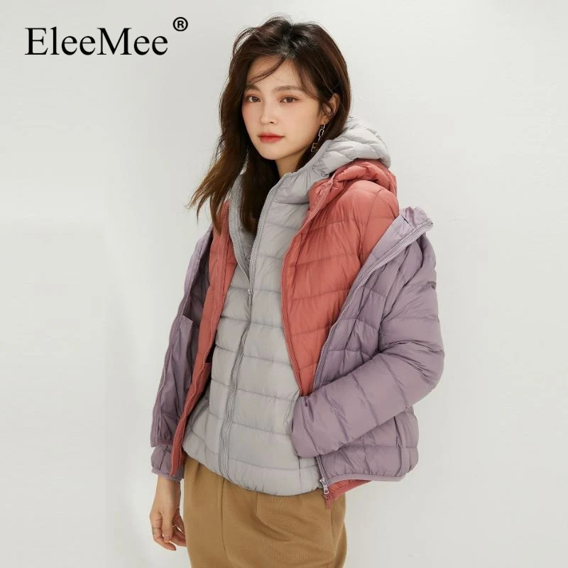 

EleeMee Plus Size M-4Xl Women Down Jacket Autumn And Winter Warm Thin Hooded Coat All-Match Ladies Daily Solid Color Tops