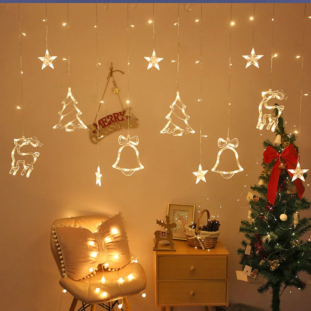 

3.5m 220V 8 Mode Curtain String Lights Plastic Christmas Decorative Lamp Elk Bell Lamp EU Plug for Festival New Year Party