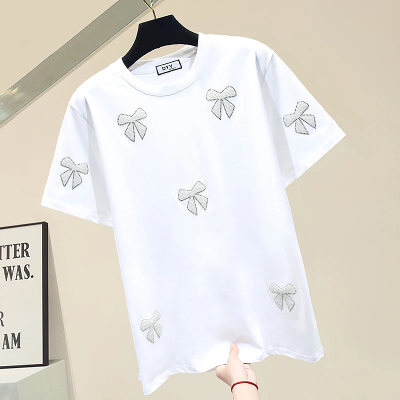 

Korean Diamonds Pearls Beading Bow White T Shirt Women 2021 Spring Summer Tops Loose O-neck Black Tee Shirt Femme