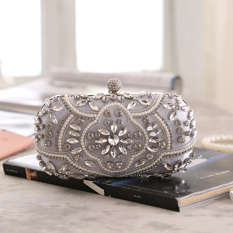 

Women's Evening Clutch Bag Party Purse Luxury Wedding Clutch For Bridal Exquisite Crystal Ladies Handbag Apricot Silver Wallet