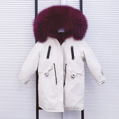 Khaki Purple Новинка года, парки с натуральным мехом для мальчиков и девочек зимняя детская куртка Xlong пальто с капюшоном из натурального меха енота Съемная подкладка из кроличьего меха - Цвет: Khaki Purple