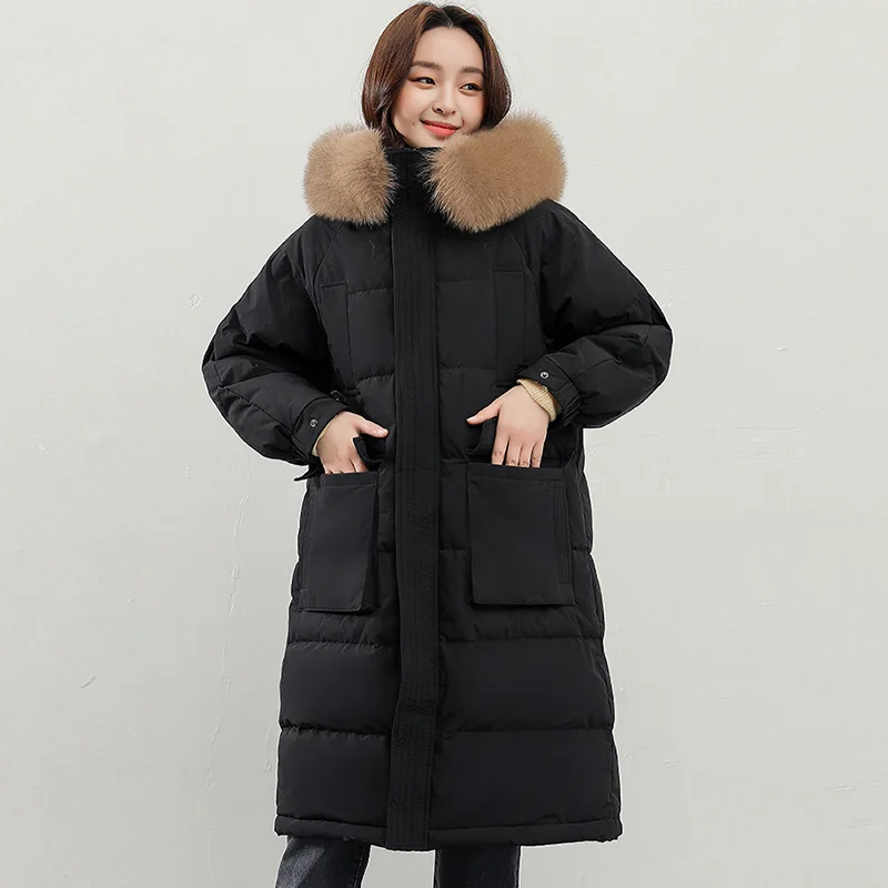 Big Real Fox Fur 2021 New Winter Women Thick Warm Loose Hooded Long Down Parkas 90% White Duck Jacket Windproof Female Coat | Женская