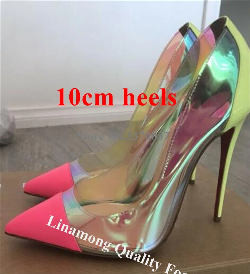 10cm heel Женские туфли-лодочки из лакированной кожи с острым носком неонового и розового цвета; туфли-лодочки на шпильке; светоотражающие Прозрачные Высокие каблуки из ПВХ; свадебные модельные туфли - Цвет: 10cm heel