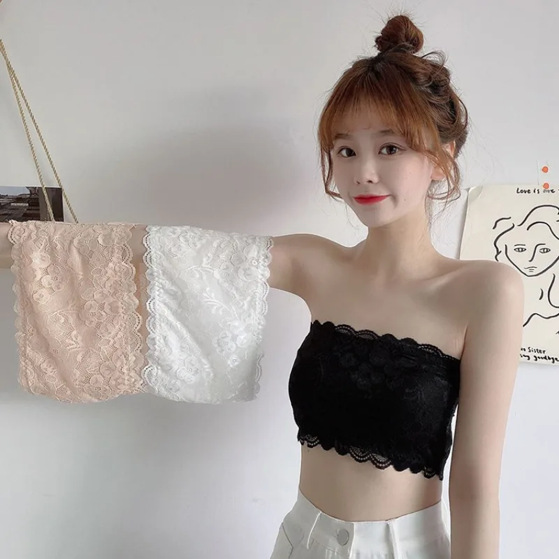 

Women's Tube Top 2021 Summer New Korean Style Anti-Exposure Strapless Lace Underwear Push up Black Primer Wrapped Chest