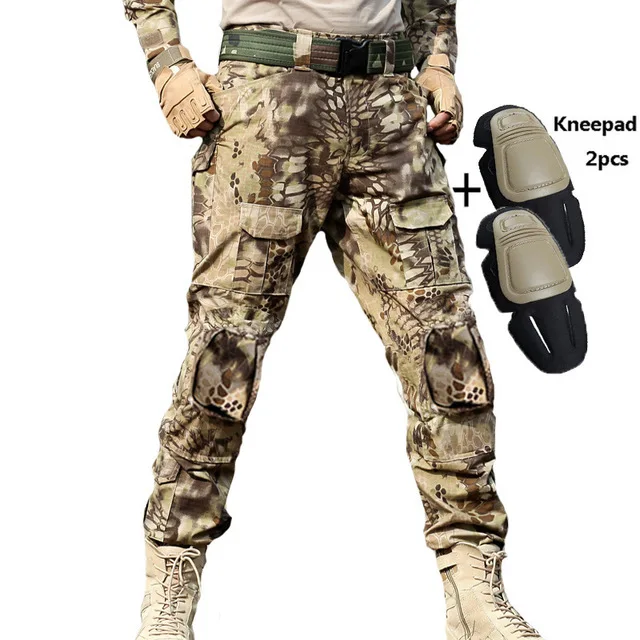 With knee pads Военные тактические брюки мужские камуфляжные Панталоны лягушка брюки карго наколенники рабочие брюки армейские охотники спецназ боевые брюки - Цвет: With knee pads