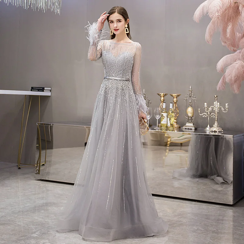 

Dubai Evening Dresses Long Sleeve with Feathers Luxury Sexy Sheer O-Neck Engagement Party Gown Beaded Gold Grey Vestido de Festa