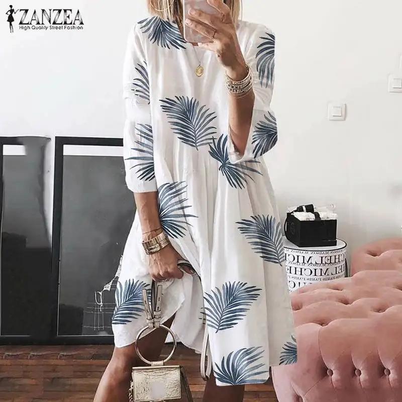 Плюс размер ZANZEA Платье женское осень лето Vestido туника 3/4 рукав Печатный пляж Дамская рубашка-миди платья кафтан