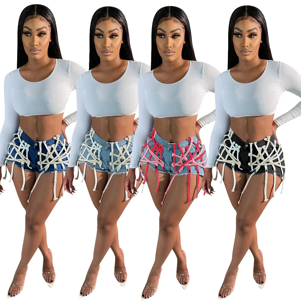 

Chic Design Women Streetwear Denim Shorts 2021 Summer High Waist Lace-up Tassels Skinny Light Washed Short Jeans New Arrivals