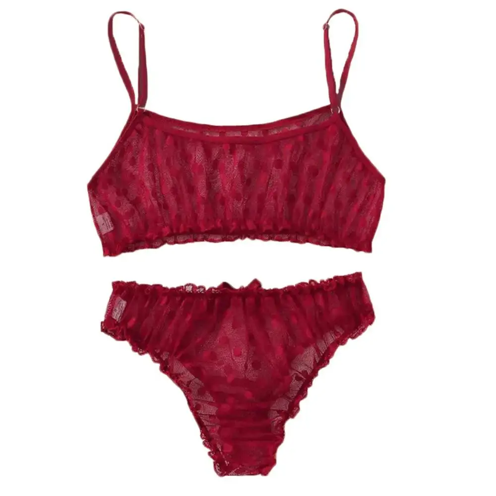 Wine Женское сексуальное нижнее белье Lenceria Mujer Babydoll, сетчатый прозрачный бюстгальтер в горошек, трусики, пижамный комплект, эротическое белье, сексуальные костюмы - Цвет: Wine