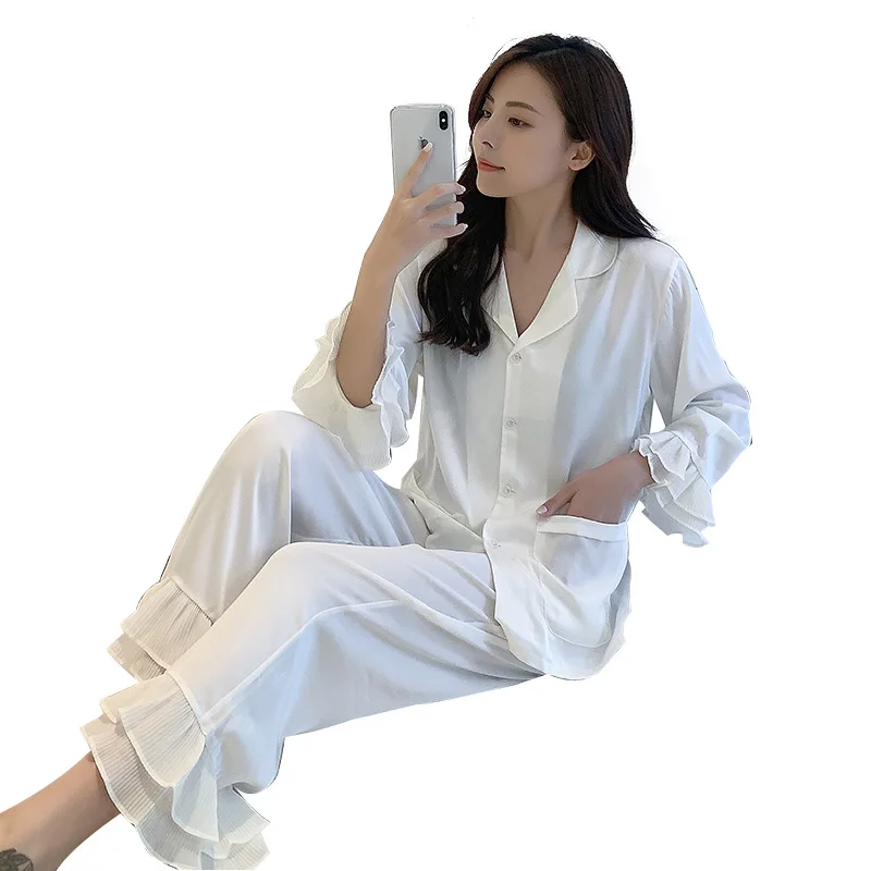 

Ruffles Full Sleeve Shirt&Pants Casual Intimate Lingerie Women Pajamas Set 2PCS Sleepwear Satin Nightwear Soft Intimate Lingerie