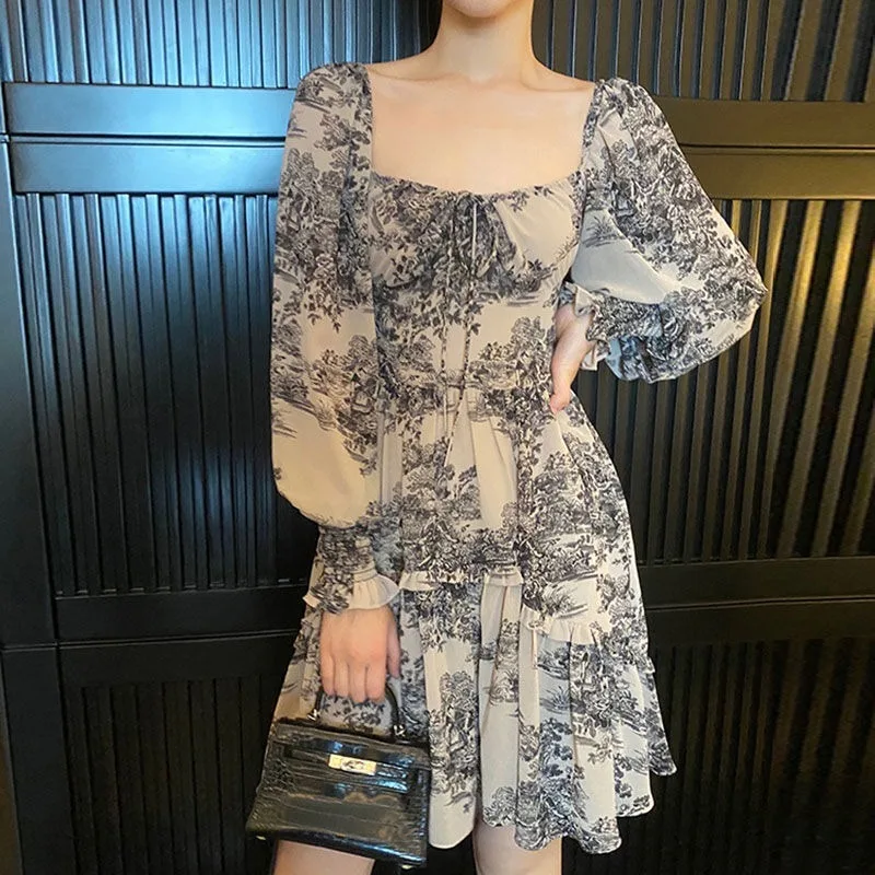 

Chiffon Party Dress Outdoor Casual Dress Female Summer 2021 French Floral Sweet Dress Women Floral Print Elegant Puff Sleeve
