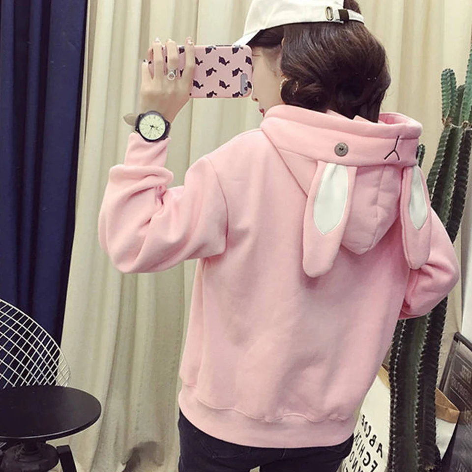 

Rabbit Ear Hoodie Japanese Sweatshirt Kawaii Clothing Poleron Mujer 2021 Kangaroo Pocket Hoodie Rabbit Embroidery Sleeve Women