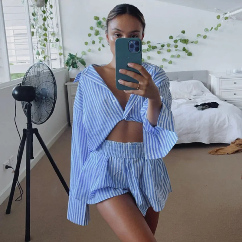 2021 Runway Fashion Blue Striped Shorts Sets Women Summer Outfits Casual Loose Long Sleeve Shirts And Short Pant Suit Female |