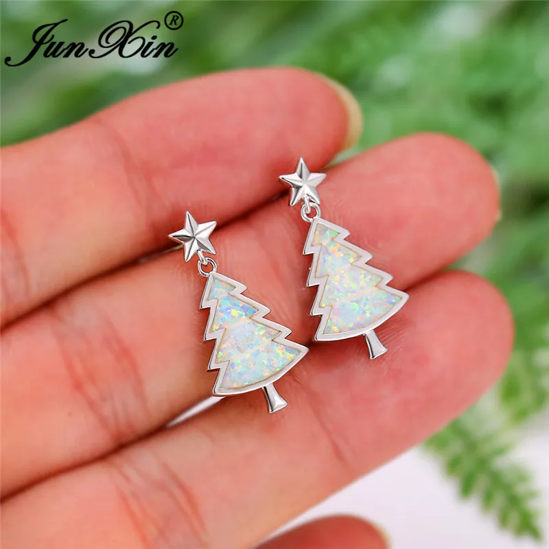 Silver Color Забавная Рождественская елка звезда серьги гвоздики для женщин серебро 925 пробы, цвет розовое золото Белый огненный опал серьги для свадьбы, помолвки ювелирные изделия - Окраска металла: Silver Color