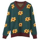 Подиумный Роскошный зеленый вязаный пуловер с длинным рукавом и V-образным вырезом, Свободный Топ с цветочной вышивкой, зимний винтажный Свитер оверсайз