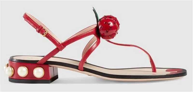 

Prowow Luxury Pearl Studded Beach Flat Sandals Woman Runway Sandals Women Cherry Sandals Women T-Strap Flat Heels Women Shoes