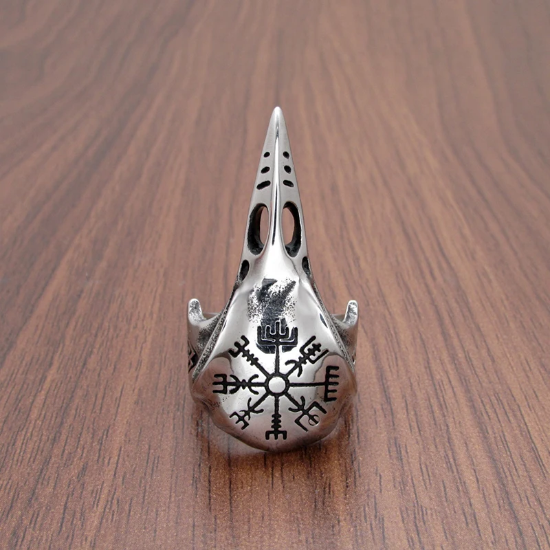 Punk 316L Stainless Steel Vegvisir Runes Futhark Rings Silver Color Black Viking Raven Ring Odin Nordic Animal Head Jewelry | Украшения и