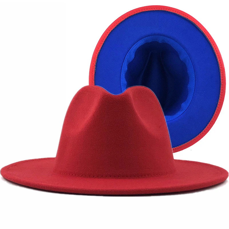 

Simple Outer Blue Inner Red Wool Felt Jazz Fedora Hats with Thin Belt Buckle Men Women Wide Brim Panama Trilby Cap 56-58-60CM
