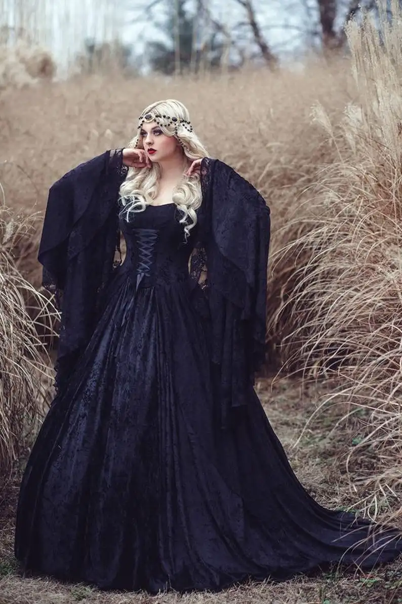 

Vintage Black Gothic Wedding Dresses plus size off shoulder Gwendolyn Princess Fairy Medieval Velvet and Lace Wedding Gown