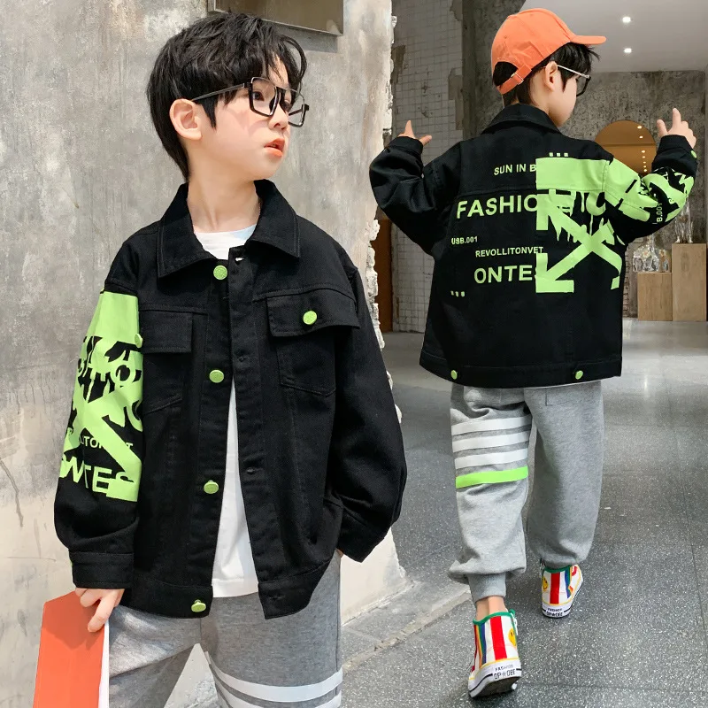 

2021 Jean Jacket Kids Spring Coat Turn-down Collar Clothes For Teenagers Boys Girls Autumn 3-10 Years Old Cartoon Tops Hotsale