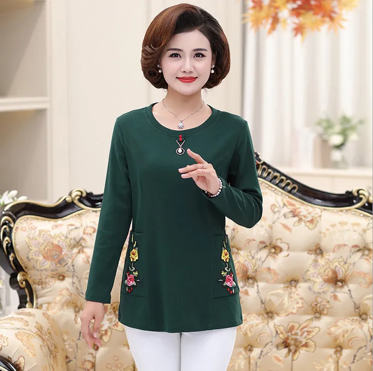 warm tops fall winter women thick long sleeves t-shirts velvet jersey plus size middle age mother shirt pulloves bottoming shirt - Цвет: green 1166