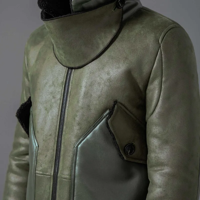 

Classic Thicken Mens Casual Biker Jacket Lamb Wool Leather Jacket Fur Collar Zippers Pockets Turn-Down Collar Slim Short Coat