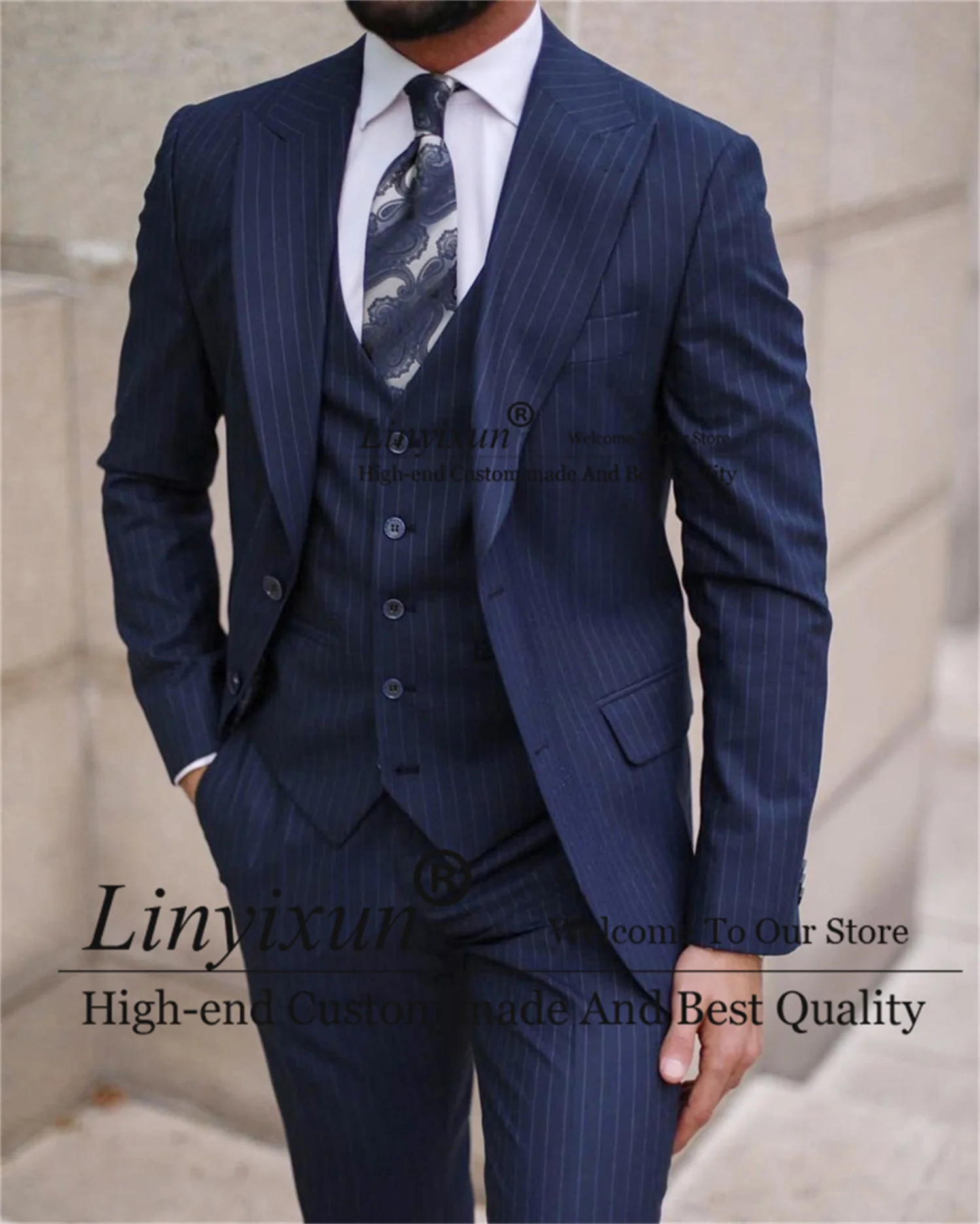 

Navy Blue PrinStriped Mens Suits Formal Business Ropa Hombre Male Working Blazer Vest Pant 3 Pieces Set Wedding Groom Tuexdos