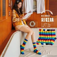 new cotton elasticity sweat women long sock candy colors rainbow striped sporty meias retro harajuku casual socks couple sock