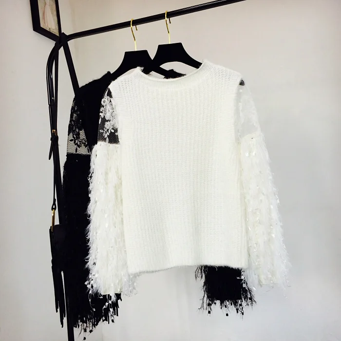 Spring and Autumn New Sweet Super Fairy Top Round Neck Pullover Long Sleeve Knitted Fringe Lace Panel Mohair Sweater | Женская одежда