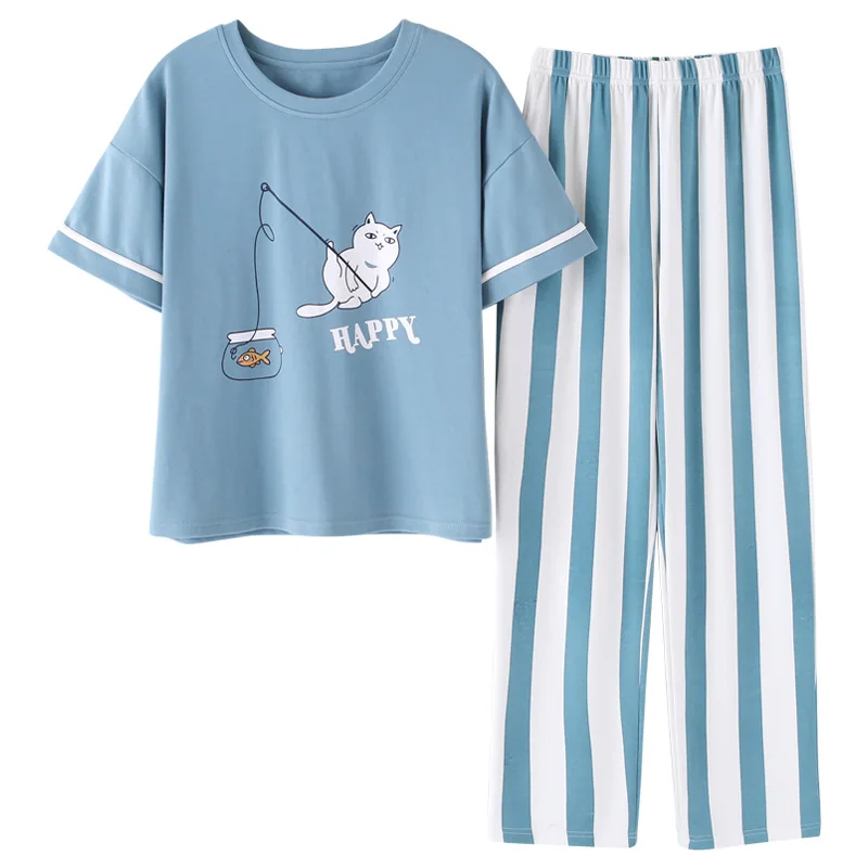 

Summer Knitted Cotton Cartoon Pajamas Sets Women Pyjamas Sleepwear Nightwear Pijama Mujer Plus Size Calf-Length Pants Homewear