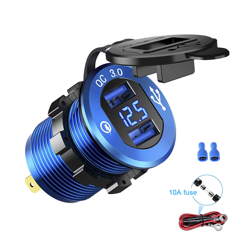 Quick Charge 3.0 Dual USB Car Charger Fast Socket Aluminium Power Outlet with LED Voltmeter for 12V 24V Boat Marine | Автомобили и