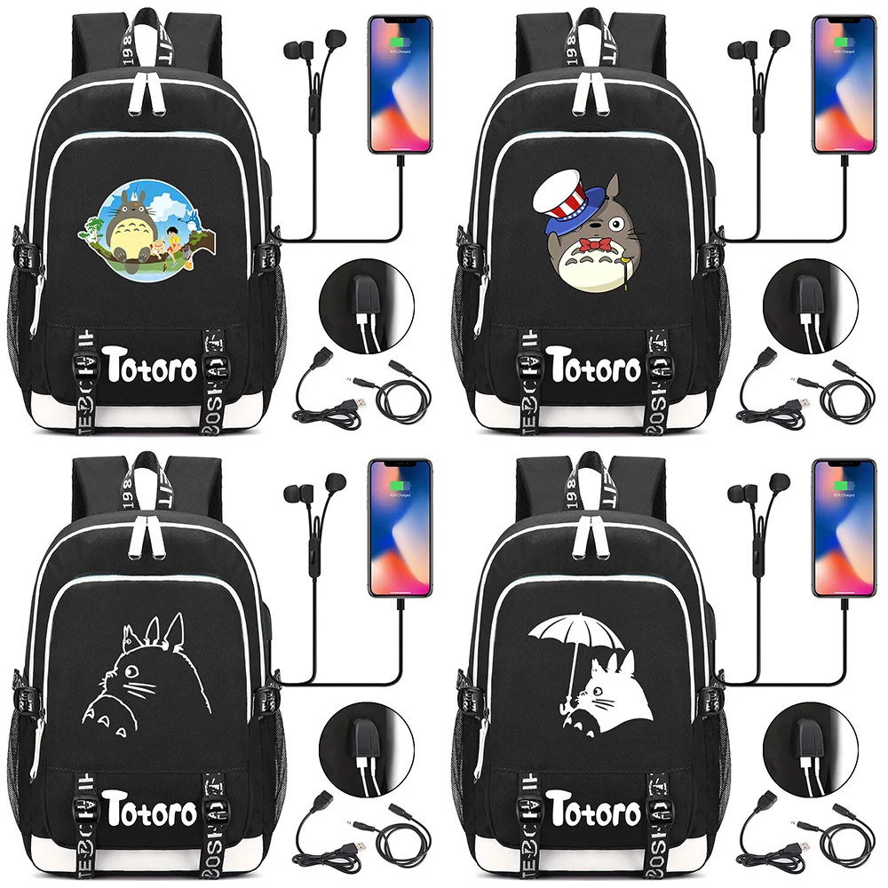 

Hot Cartoon Cute Totoro Printed USB Headphone Jack Boy Girl Kids School Bag Women Bagpack Canvas Men Backpack Packsack Bookbag