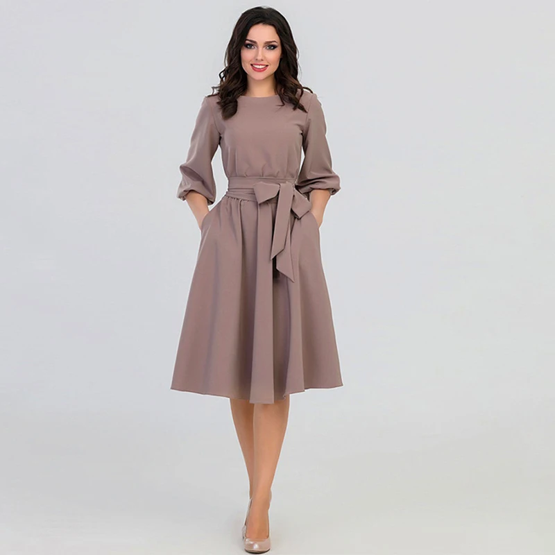 

Summer Autumn Women Dress 2021 Solid Color High Waist A Line Ladies Dresses Casual Puff Sleeve Vintage Dress Women