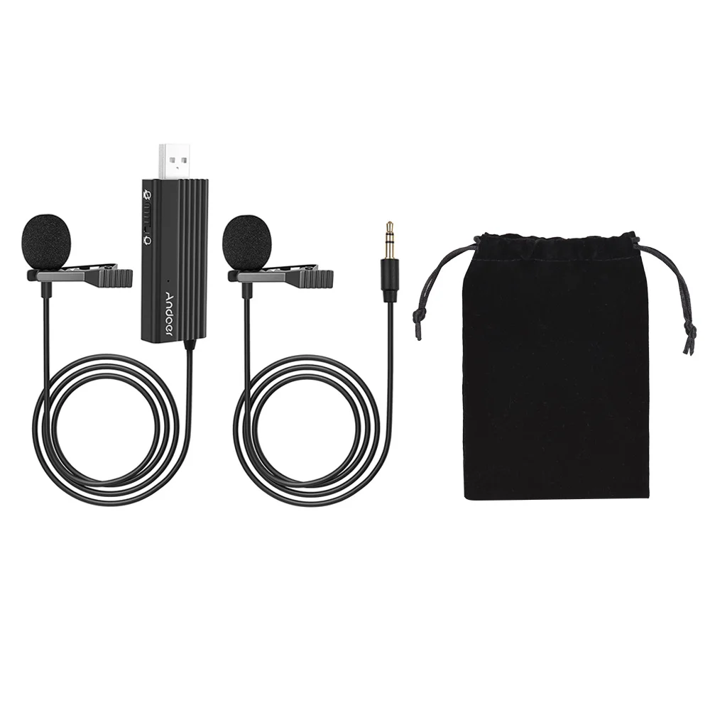 

Andoer MIC-U1 USB Clip-on Lapel Microphone with Dual Lavalier Condenser Microphones 1.2M Cable for Desktop Computer Laptop Video