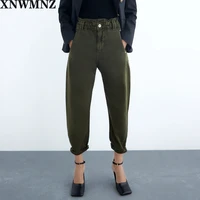 za women 2020 baggy high waist jeans elastic waist front pockets rear patch pockets front zip fastening with metal top button