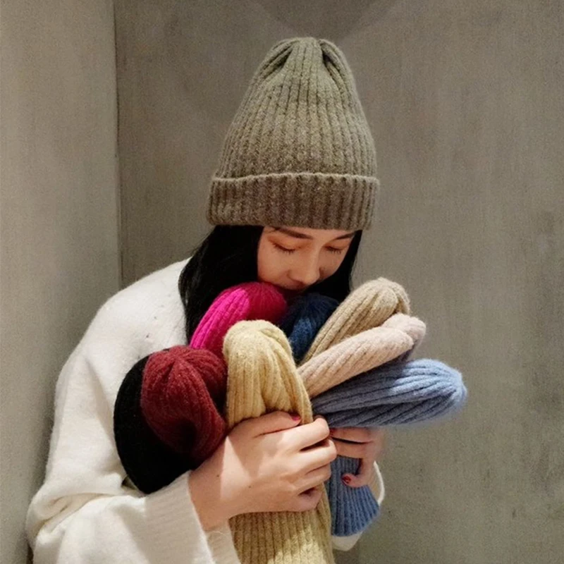 

Вязаная женская шапка, облегающая шапка, мягкие шерстяные зимние теплые шапки для мужчин, однотонные шапочки, облегающие шапки для девушек, ...