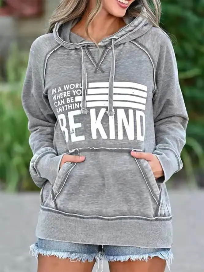 

Be Kind Hoodies Letter Printing Sweatshirt Women Funny Drawstring Fashion Tops New Vogue Pocket Womens Hoodies