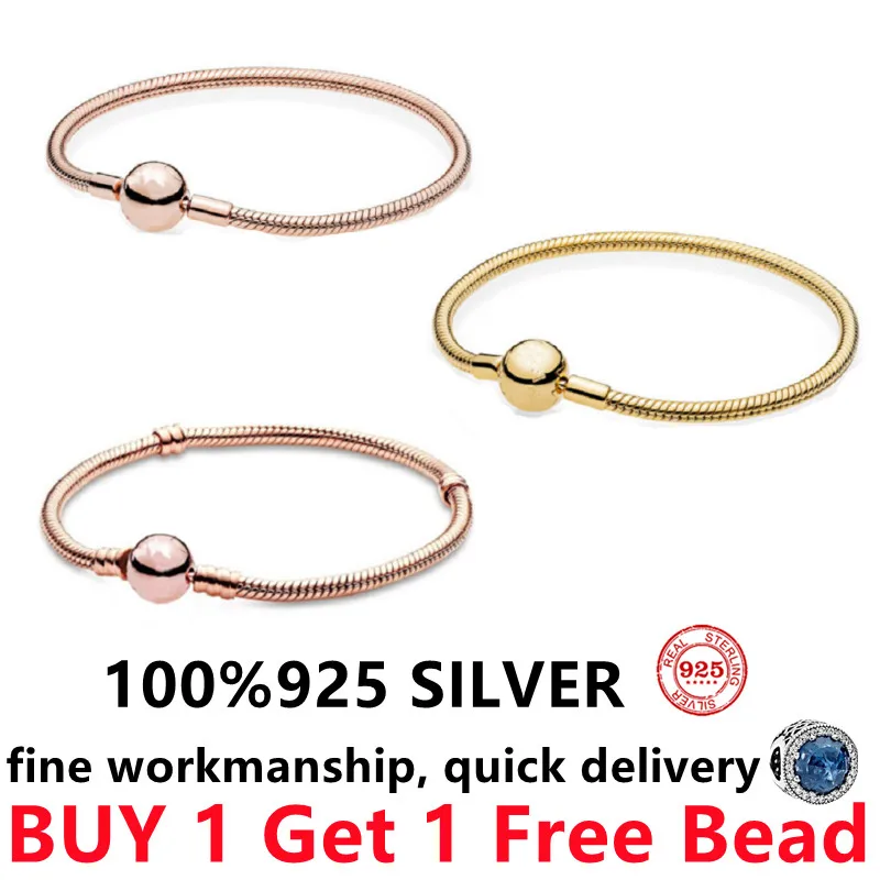 

Original Pando Charm Snake Chain Bracelet 100% 925 Sterling Silver Bracelet For Women rose gold Bead High Quality DIY Jewelry