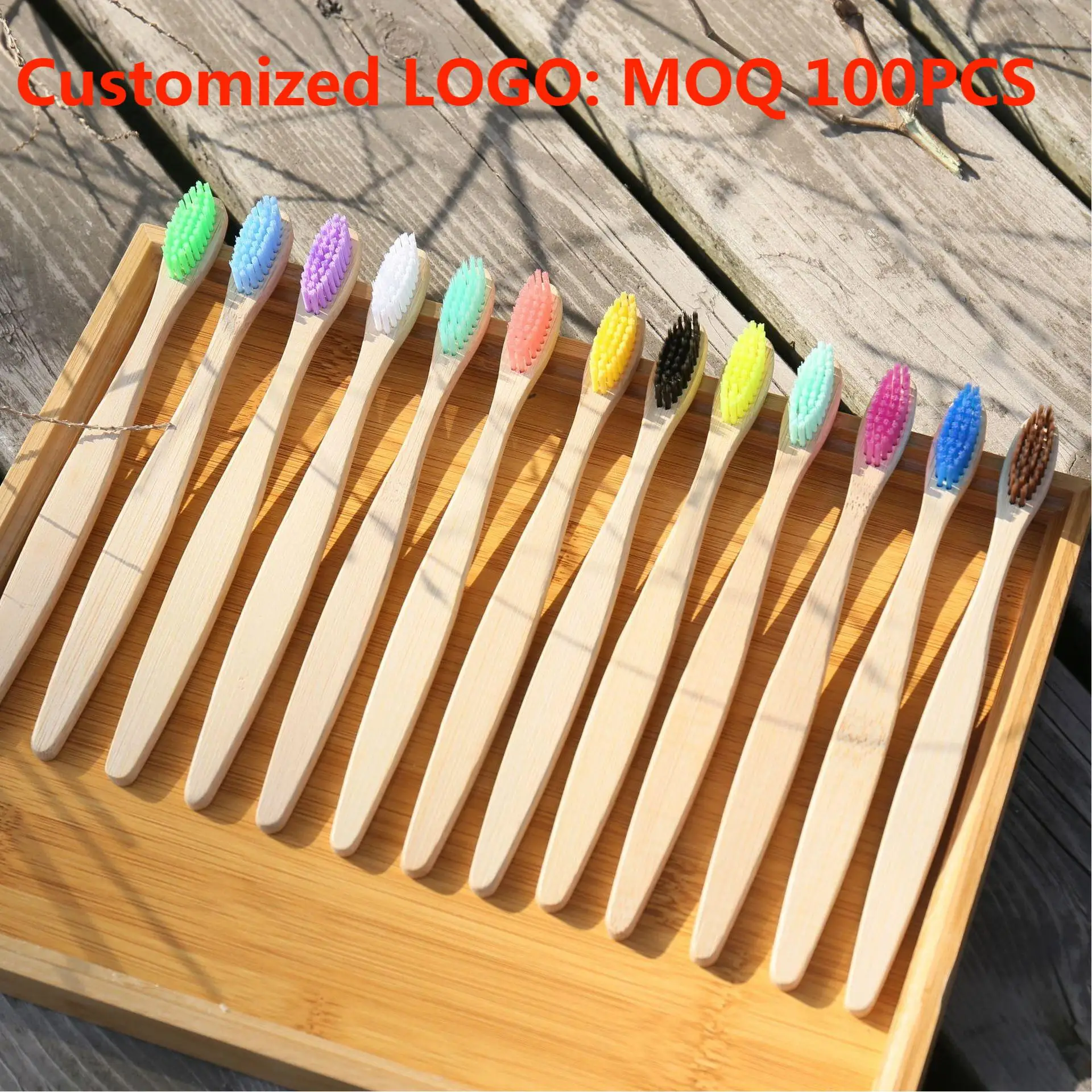100PCS Set di spazzolini da denti in bambù naturale colorato sbiancamento dei denti in bambù cura orale dentale Logo personalizzato incisione Laser