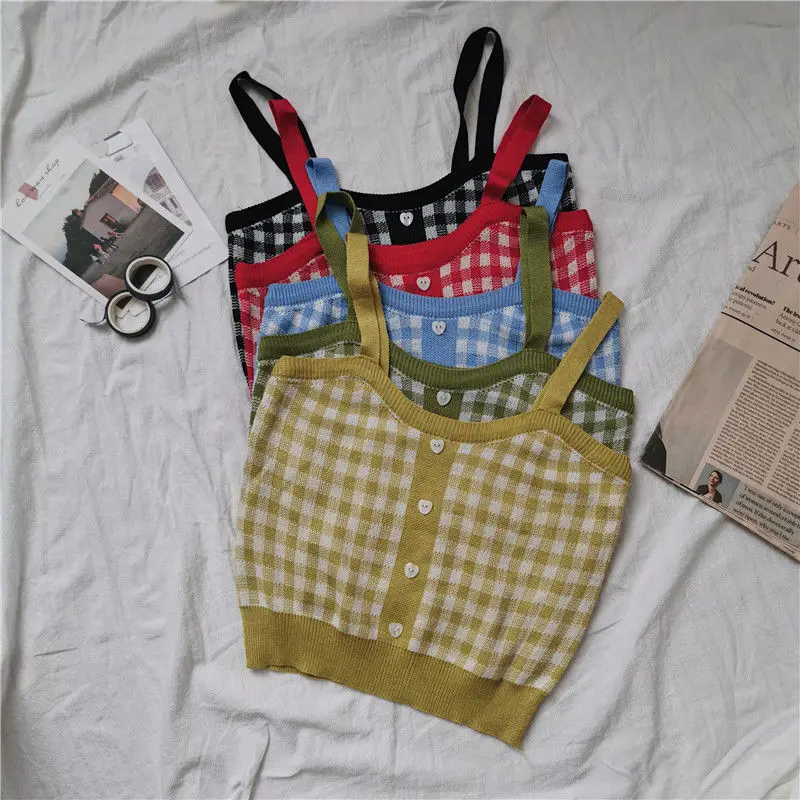 Топы женские летние разноцветные трикотажные клетчатые бретельки камзол с