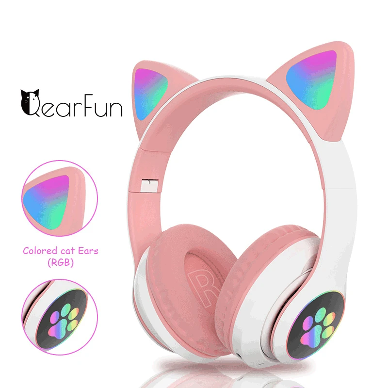 

Flash Light Cute Cat Ears Wireless Headphones with Mic Can control LED Kid Girl Stereo Music Helmet Phone Bluetooth Headset Gift