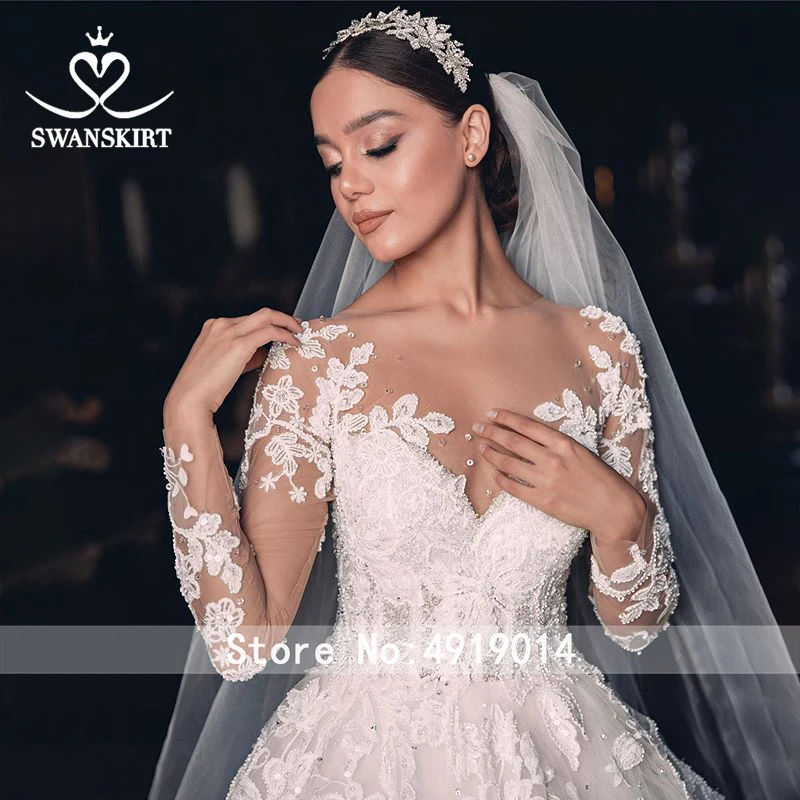 Роскошное Свадебное платье Swanskirt с аппликацией из бисера бальное платье размера плюс с длинным рукавом с цветами свадебное платье Vestido de noiva QY01