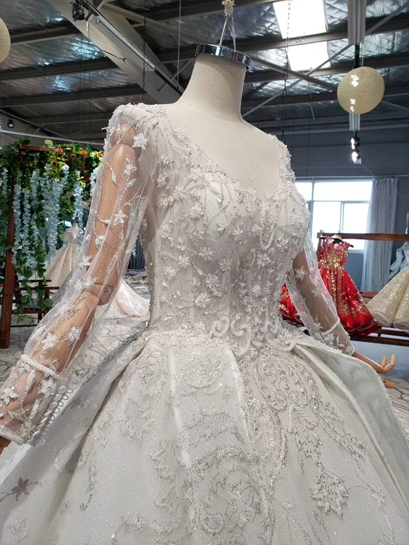 HTL817 роскошное свадебное платье с длинным рукавом с v-образным вырезом и аппликацией на пуговицах сзади ручная вышивка свадебное платье с вуалью для невесты robe de mariee